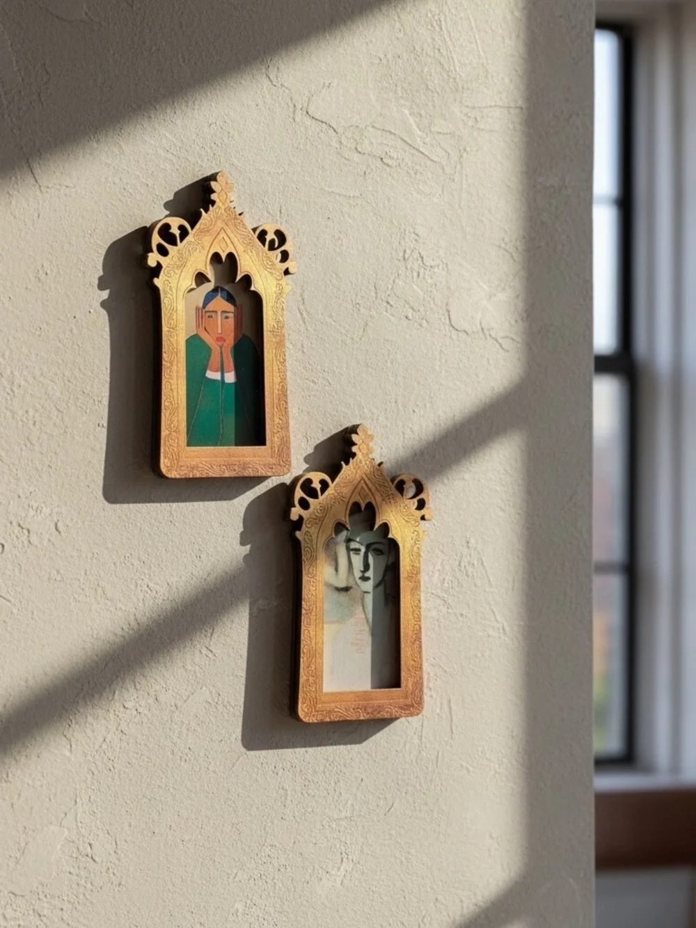 Set of 2 Folk Art Portraits Ornate Gothic Wood Frames Boho Eclectic Wall Decor